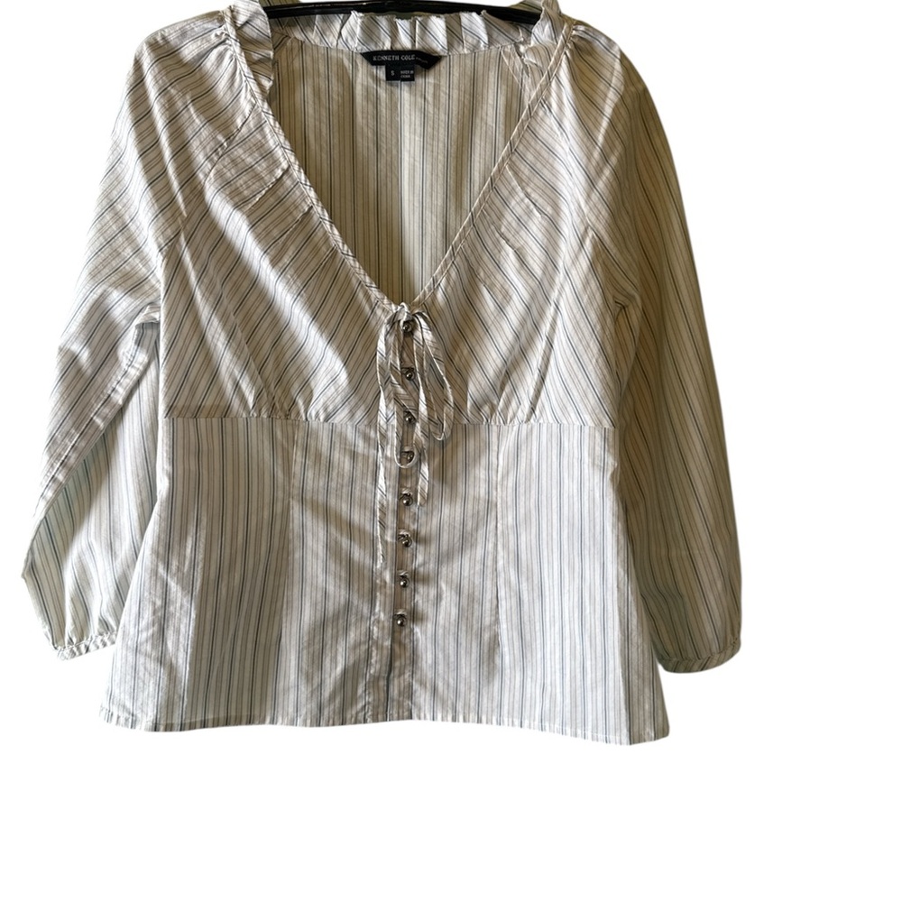 Kenneth Cole Top Womens Sz S White Striped 3/4 Sleeve Button Front VNeck Blouse